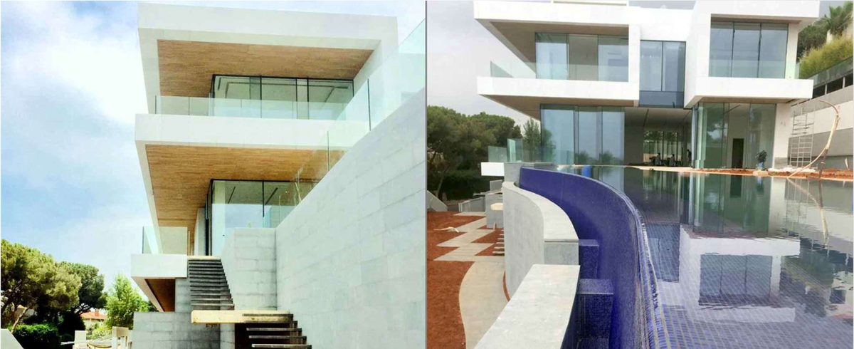Stone-clad stairs and a mosaic-tiled pool at the villa